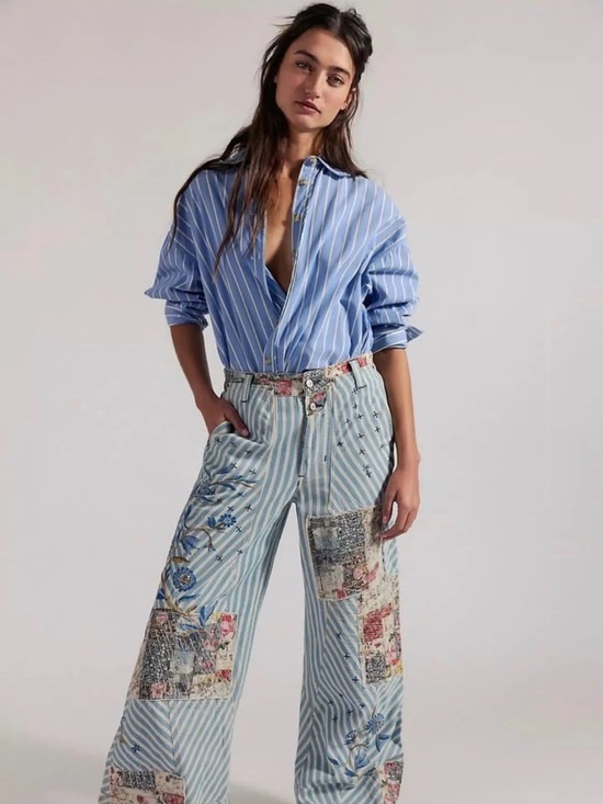 Free People Denim - Free People West Ridge Blue Patte Patchwork Wide Leg Jeans
